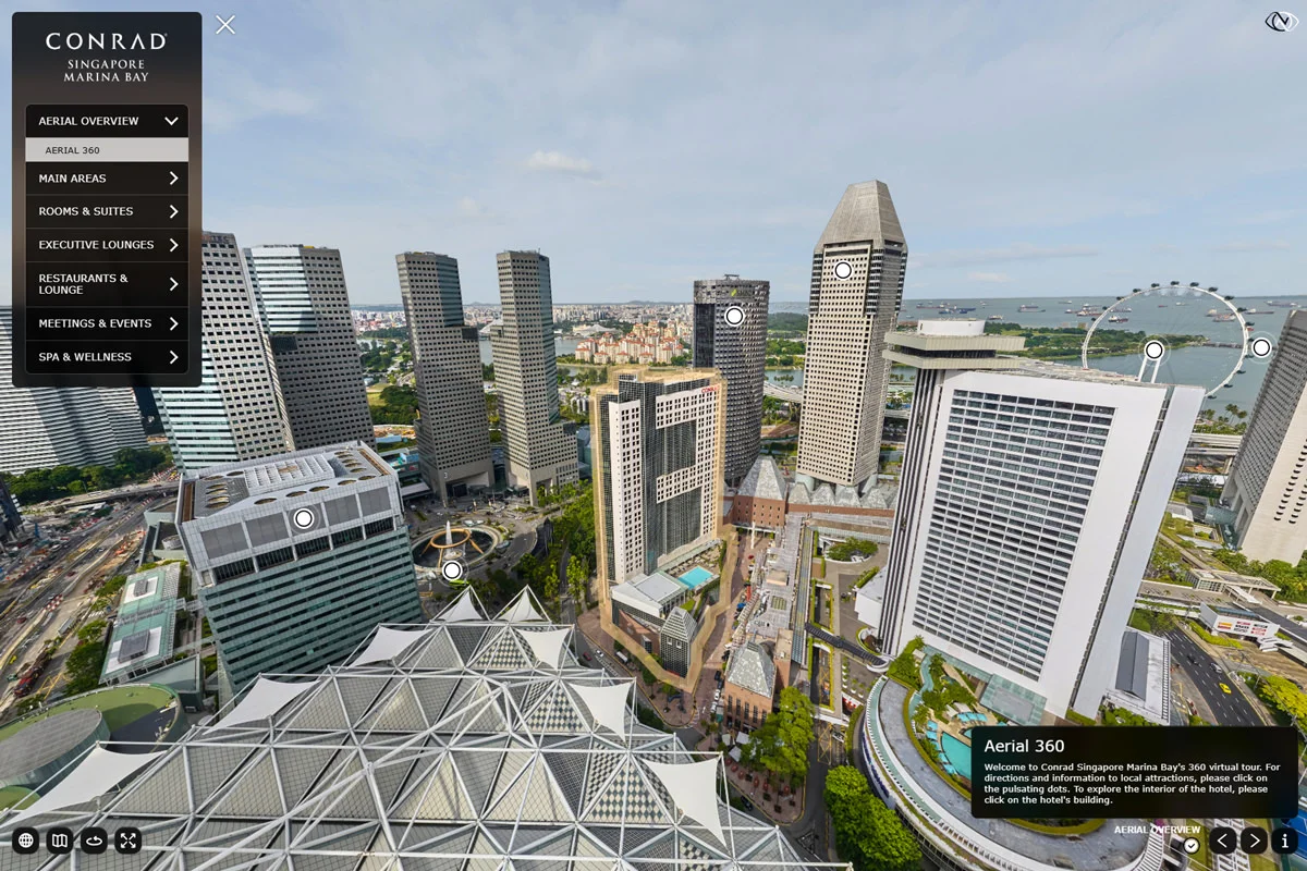 Hotel virtual tour of Conrad Singapore Marina Bay Golden Peony Chinese restaurant with white-clothed tables